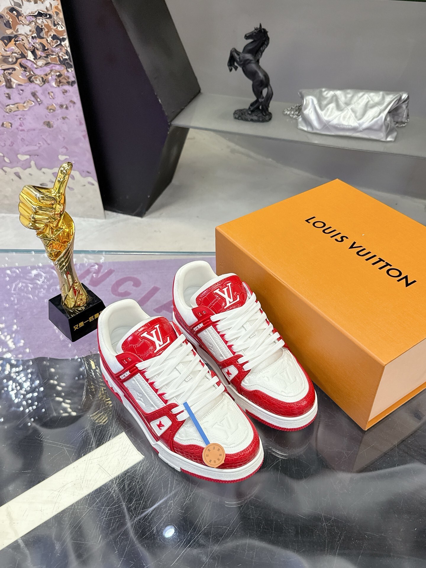 Louis Vuitton LV Trainer Red White Crocodile Embossed Sneakers