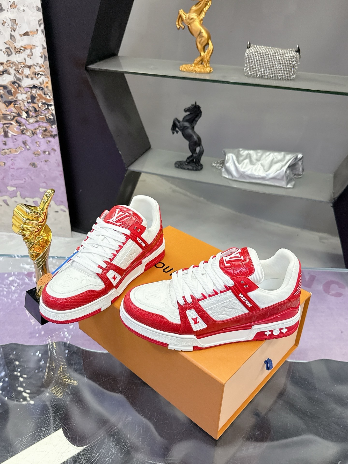 Louis Vuitton LV Trainer Red White Crocodile Embossed Sneakers