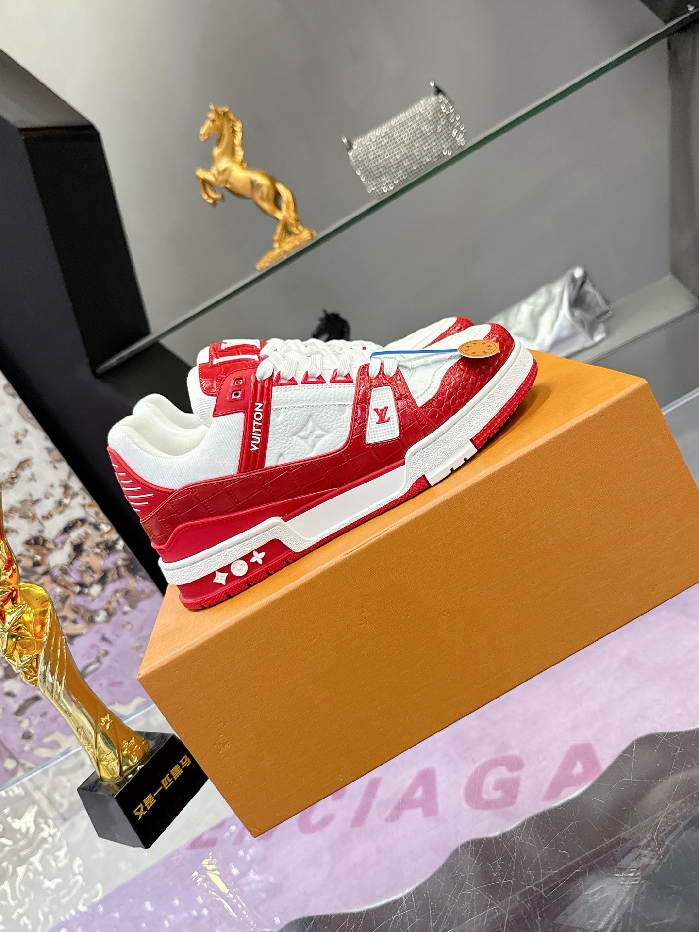 Louis Vuitton LV Trainer Red White Crocodile Embossed Sneakers