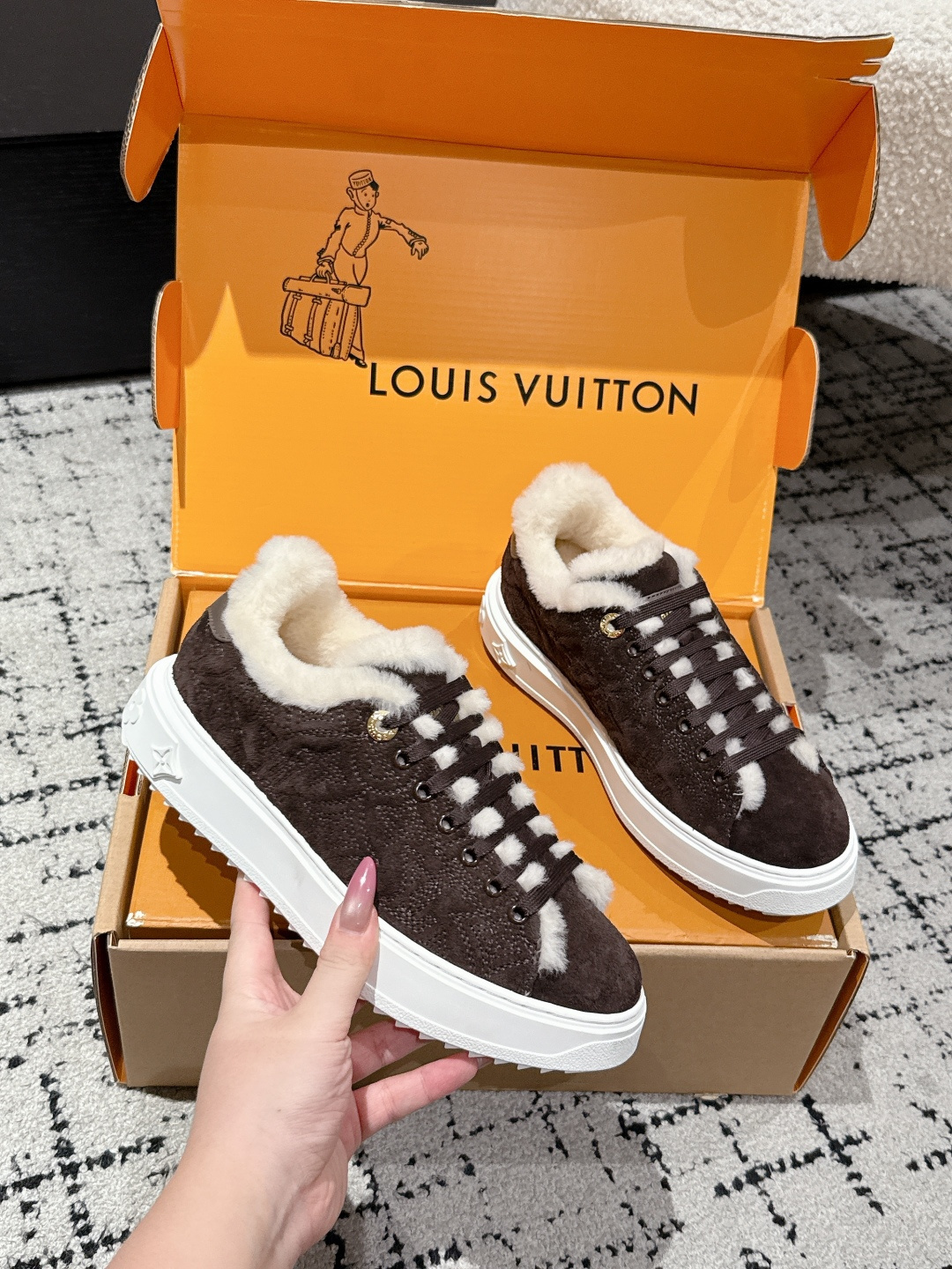 Louis Vuitton Time Out Shearling Sneaker - Brown Monogram
