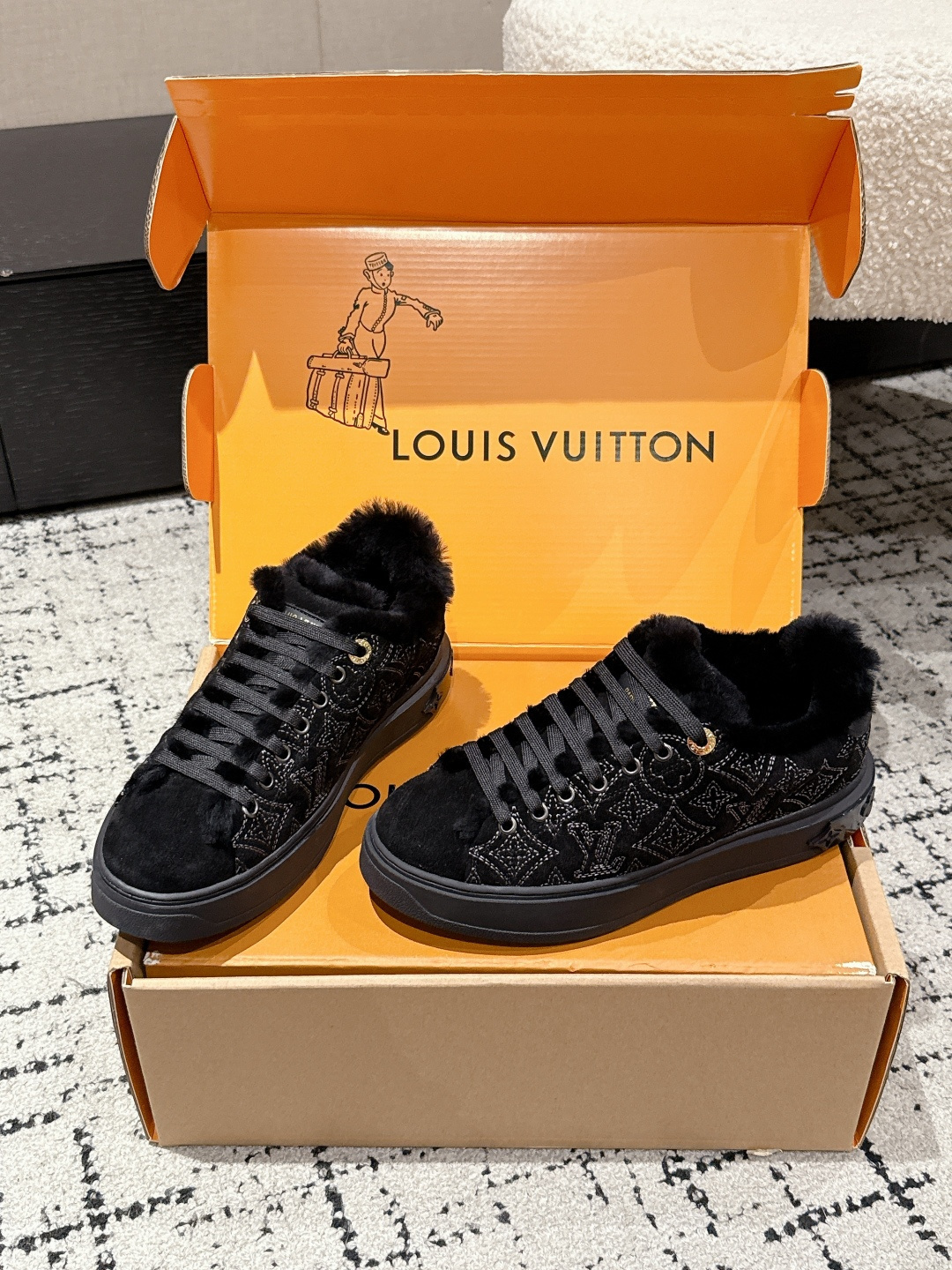 Louis Vuitton Black Monogram Shearling-Lined Sneakers