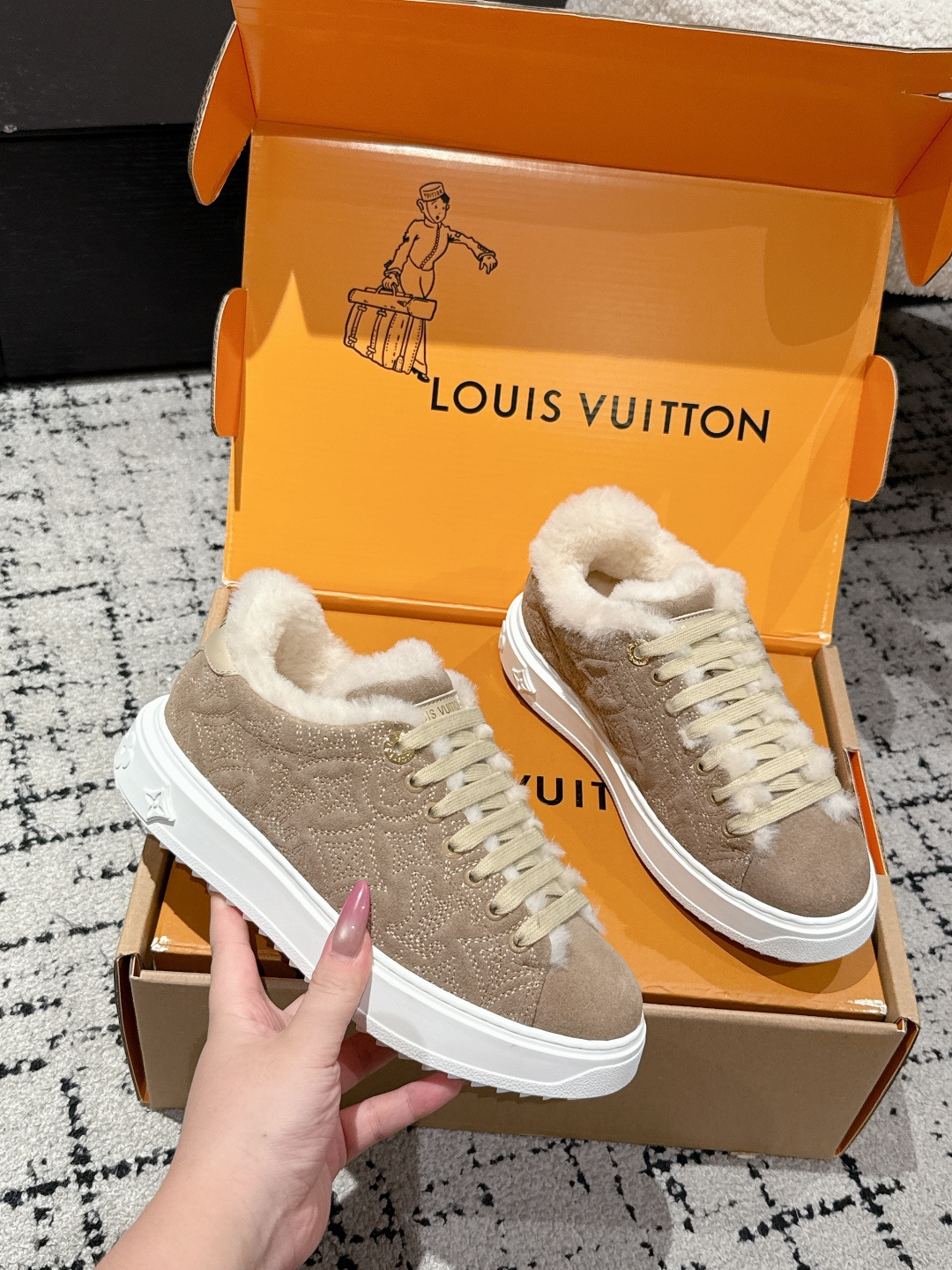 Louis Vuitton Shearling-Lined Monogram Suede Sneakers