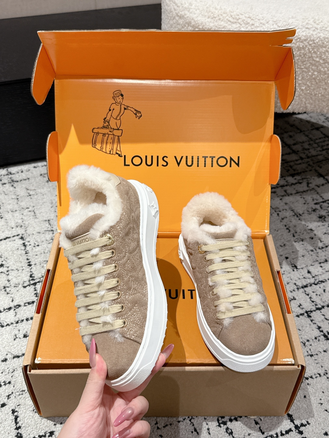 Louis Vuitton Shearling-Lined Monogram Suede Sneakers