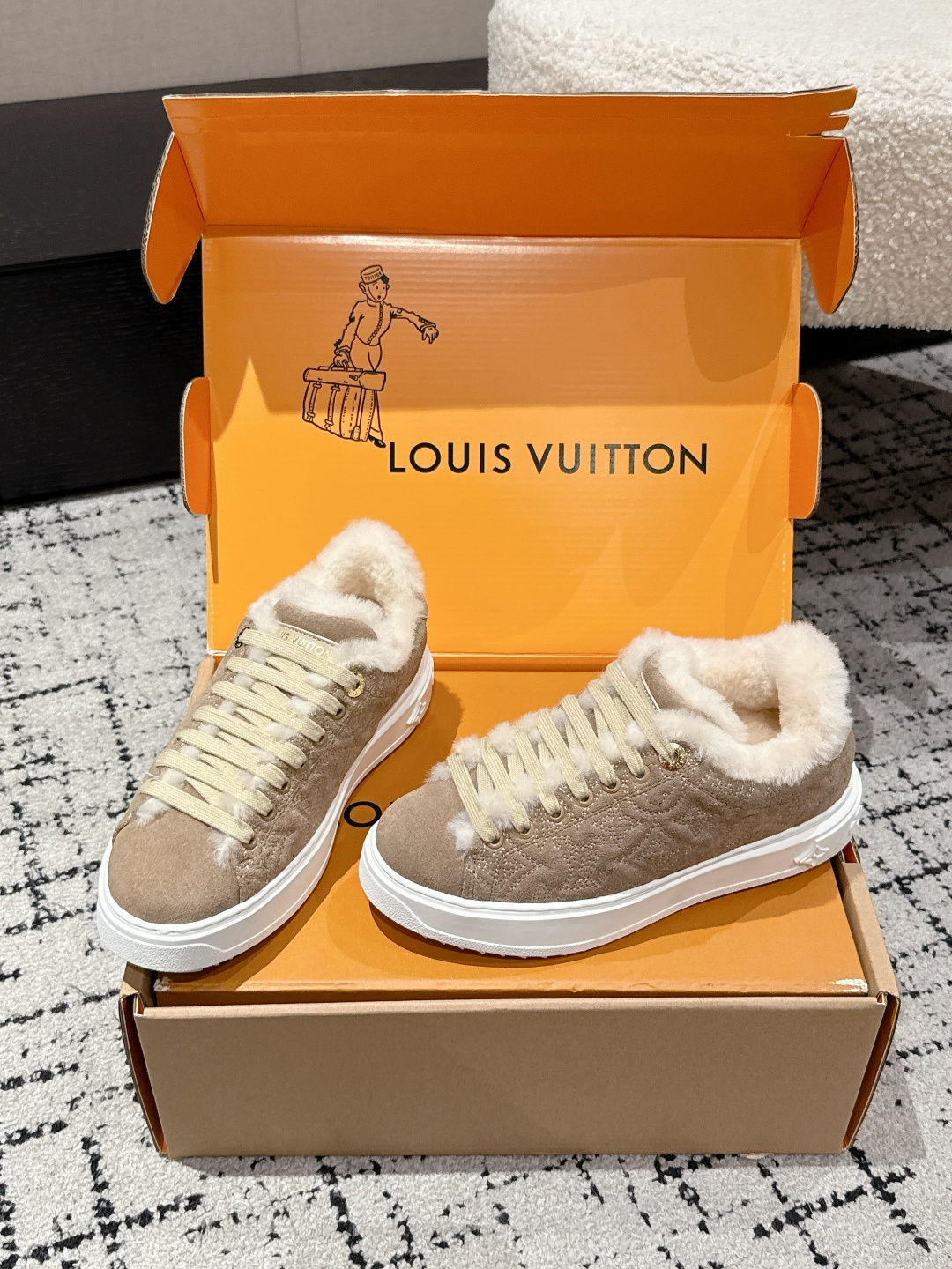Louis Vuitton Shearling-Lined Monogram Suede Sneakers