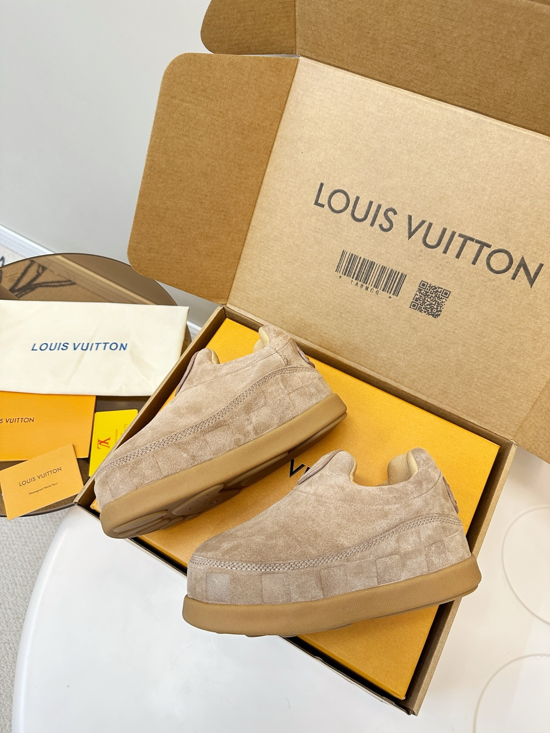 Louis Vuitton Men's Beige Suede Luxury Slip-On Slippers