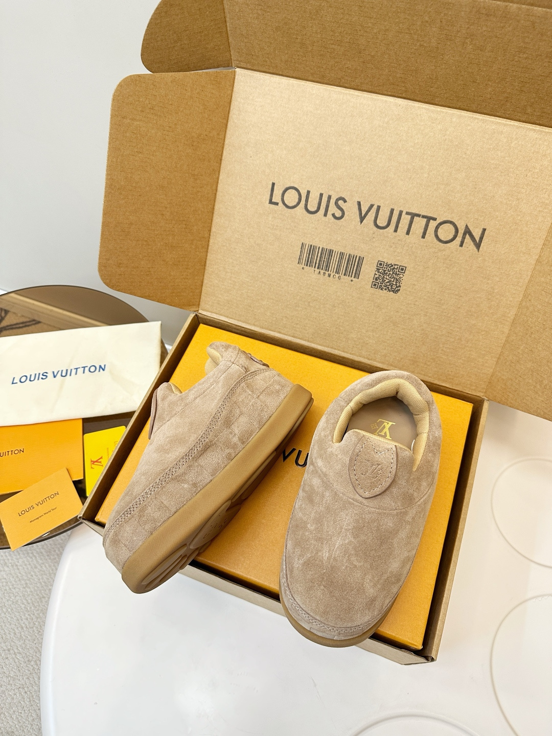 Louis Vuitton Men's Beige Suede Luxury Slip-On Slippers