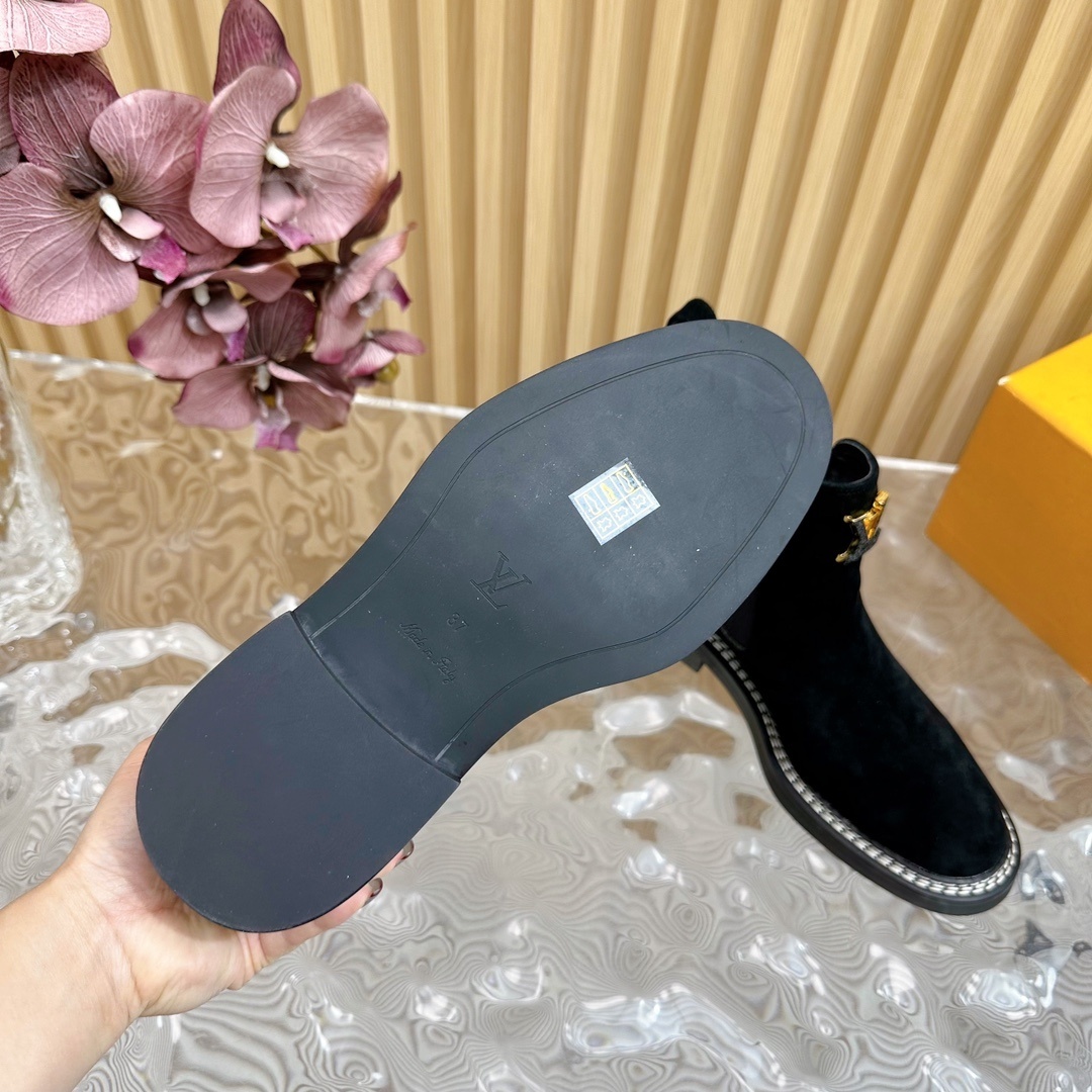 Louis Vuitton Black Suede Chelsea Boots with Gold LV Logo