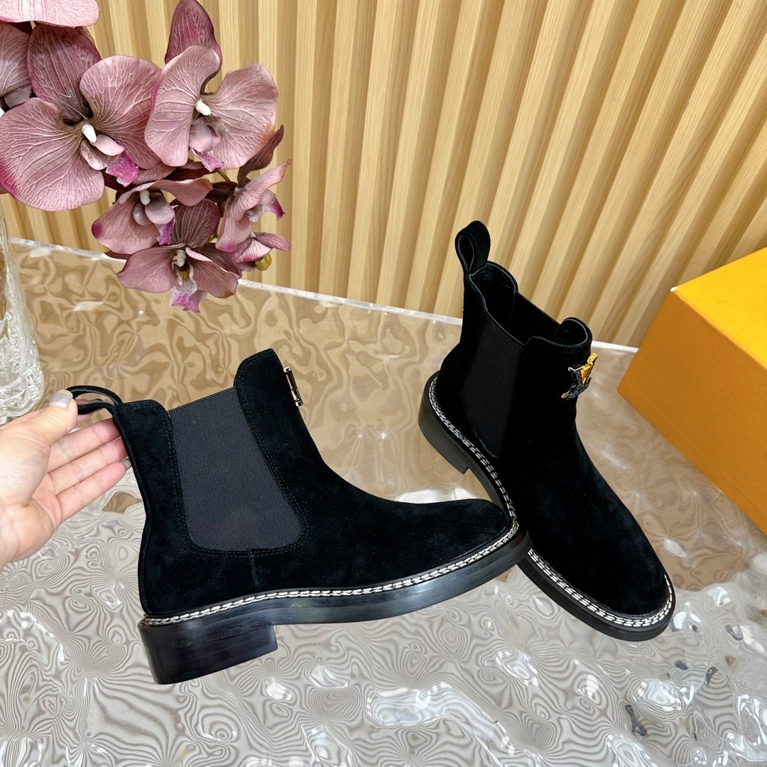 Louis Vuitton Black Suede Chelsea Boots with Gold LV Logo