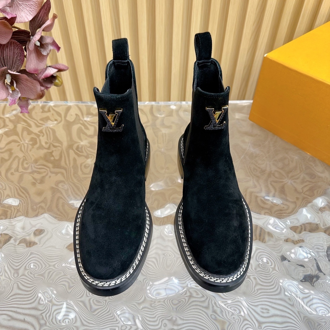 Louis Vuitton Black Suede Chelsea Boots with Gold LV Logo
