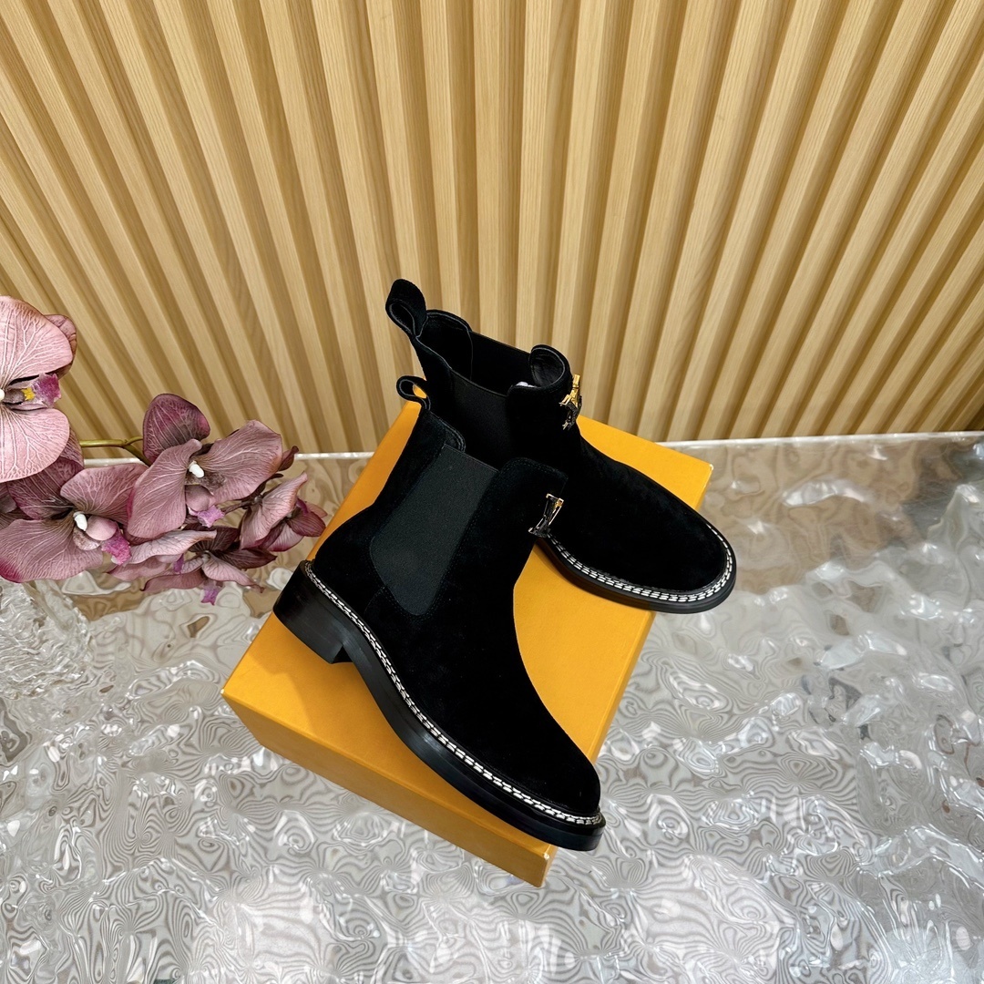 Louis Vuitton Black Suede Chelsea Boots with Gold LV Logo