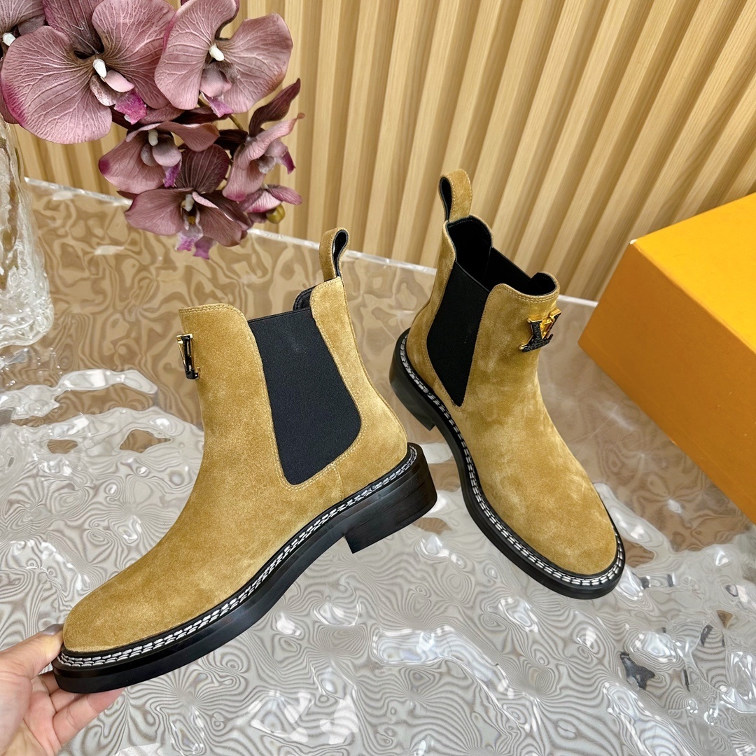 Louis Vuitton Women's Tan Suede Chelsea Ankle Boots with Gold LV Logo