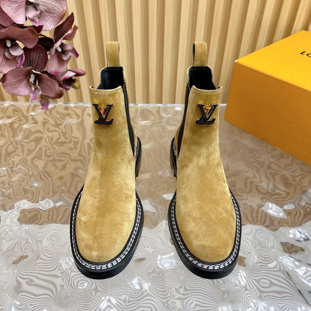 Louis Vuitton Women's Tan Suede Chelsea Ankle Boots with Gold LV Logo