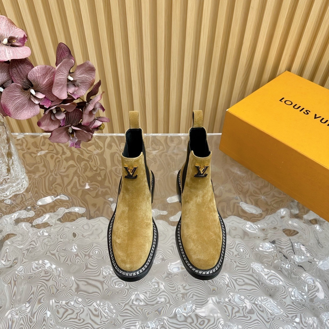 Louis Vuitton Women's Tan Suede Chelsea Ankle Boots with Gold LV Logo