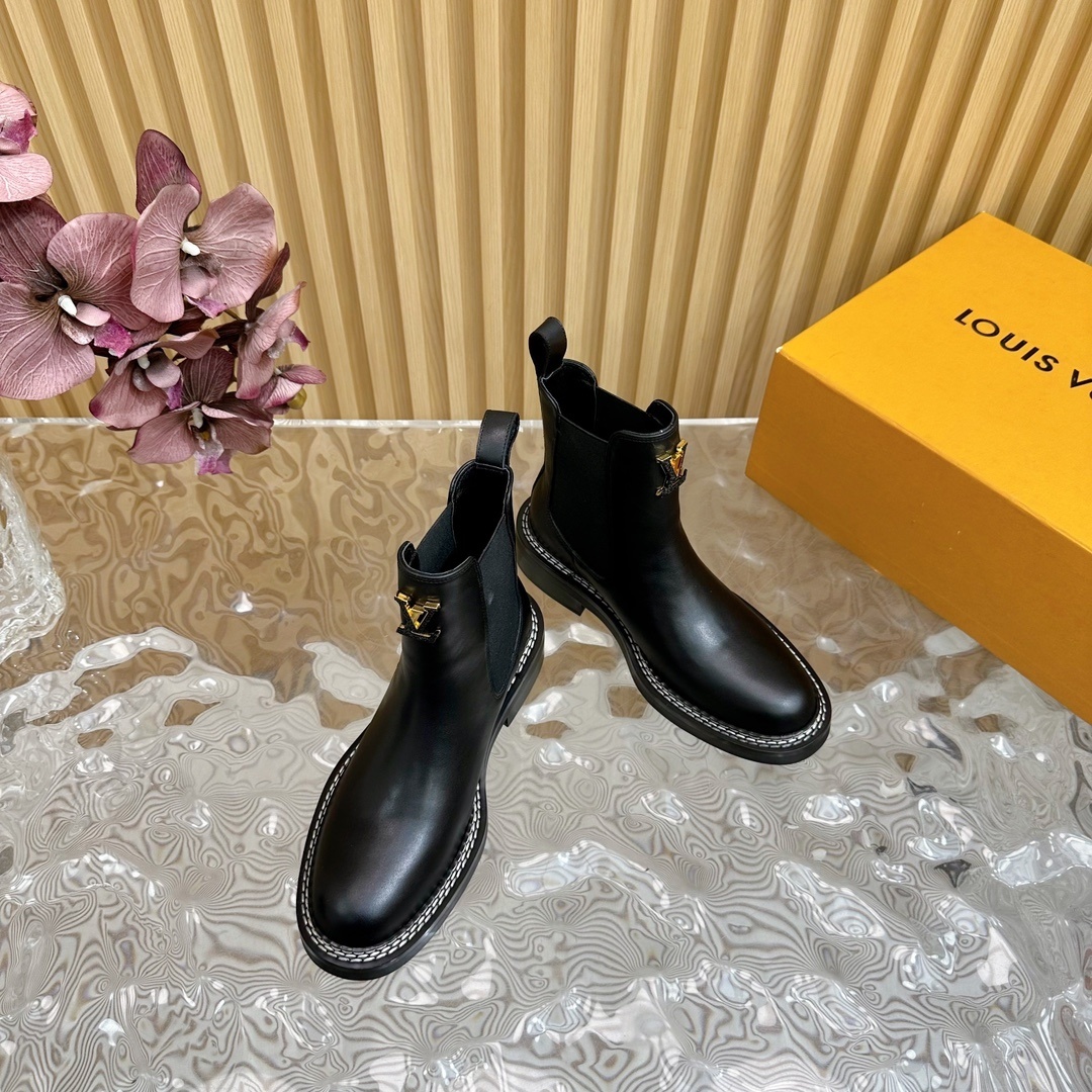LV Black Leather Chelsea Ankle Boots with Gold Logo Details