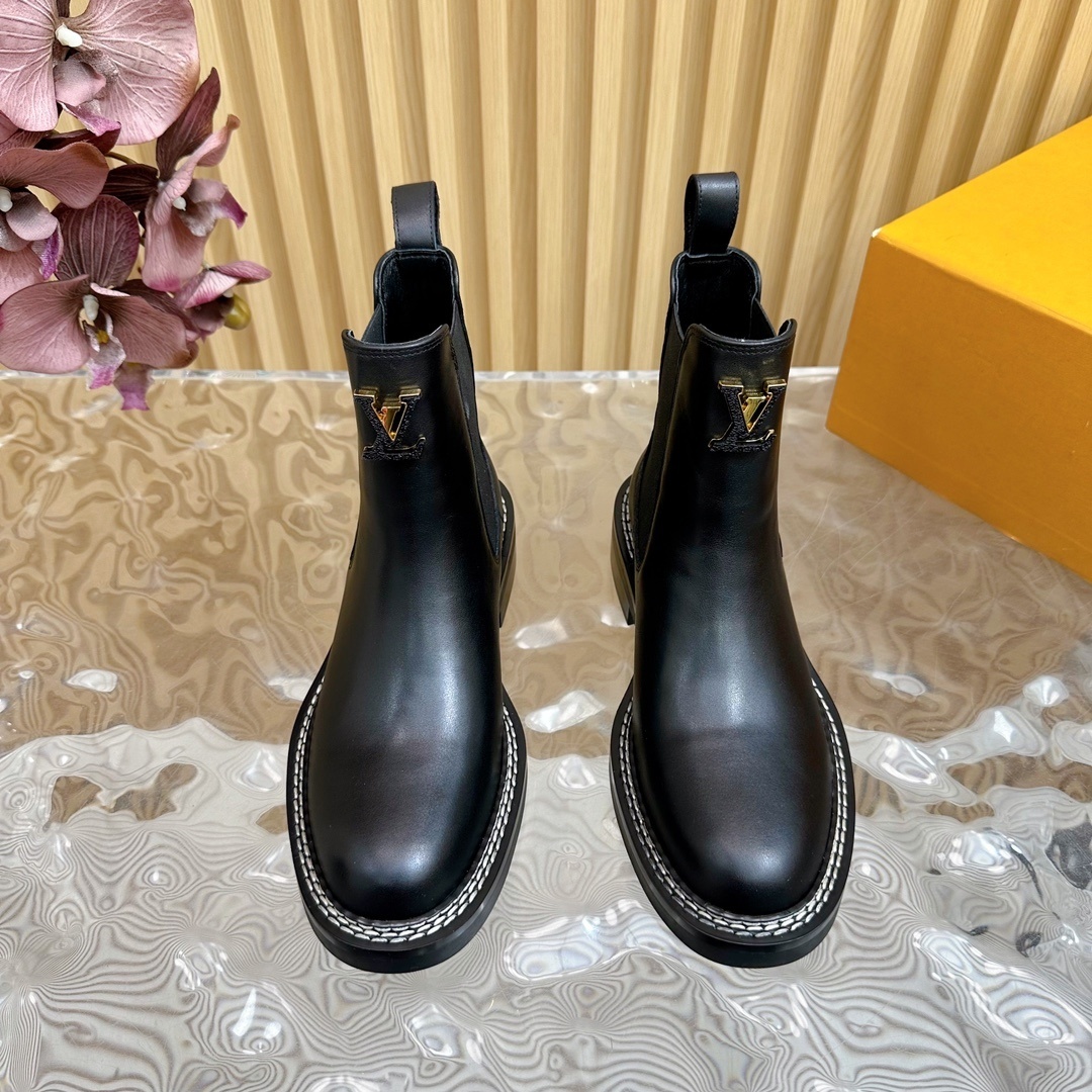 LV Black Leather Chelsea Ankle Boots with Gold Logo Details