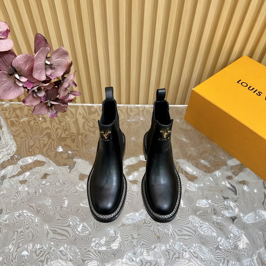 LV Black Leather Chelsea Ankle Boots with Gold Logo Details