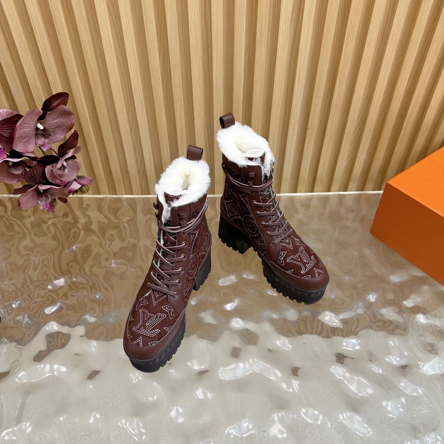 Luxury Monogram Winter Fur Ankle Boots for Women - Dark Brown