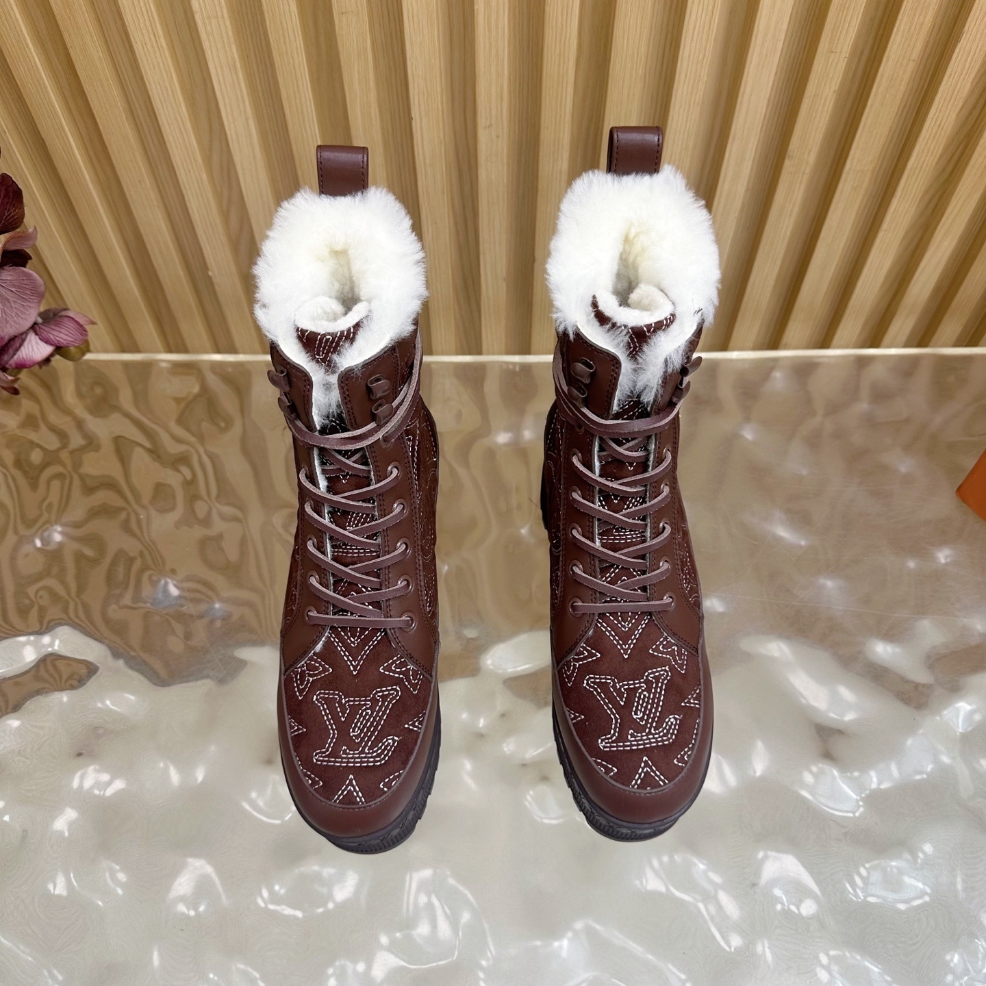 Luxury Monogram Winter Fur Ankle Boots for Women - Dark Brown