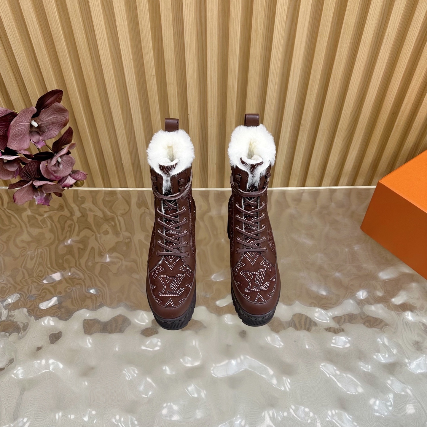 Luxury Monogram Winter Fur Ankle Boots for Women - Dark Brown