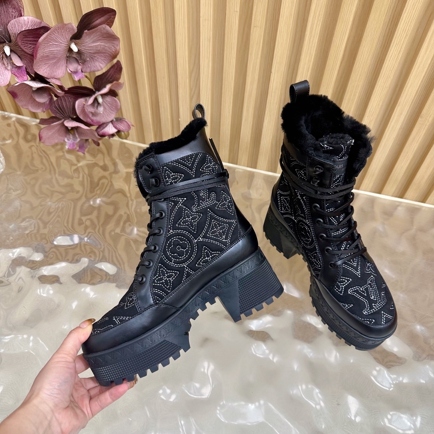 Women's Black Monogram Fur-Lined Platform Combat Boots