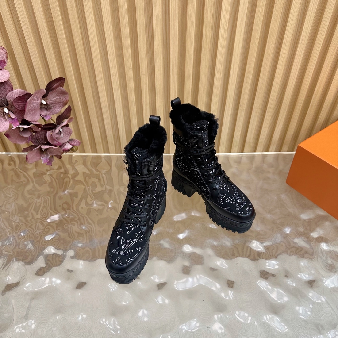 Women's Black Monogram Fur-Lined Platform Combat Boots