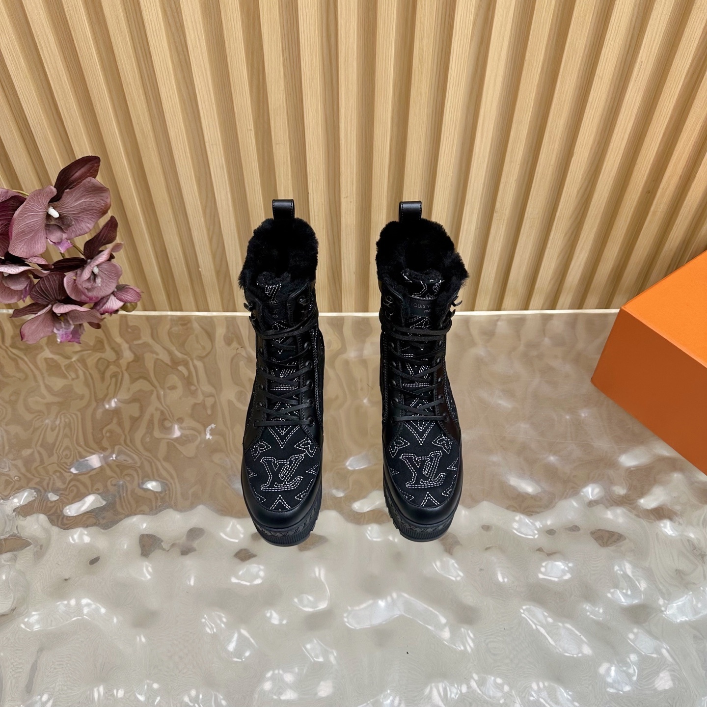 Women's Black Monogram Fur-Lined Platform Combat Boots