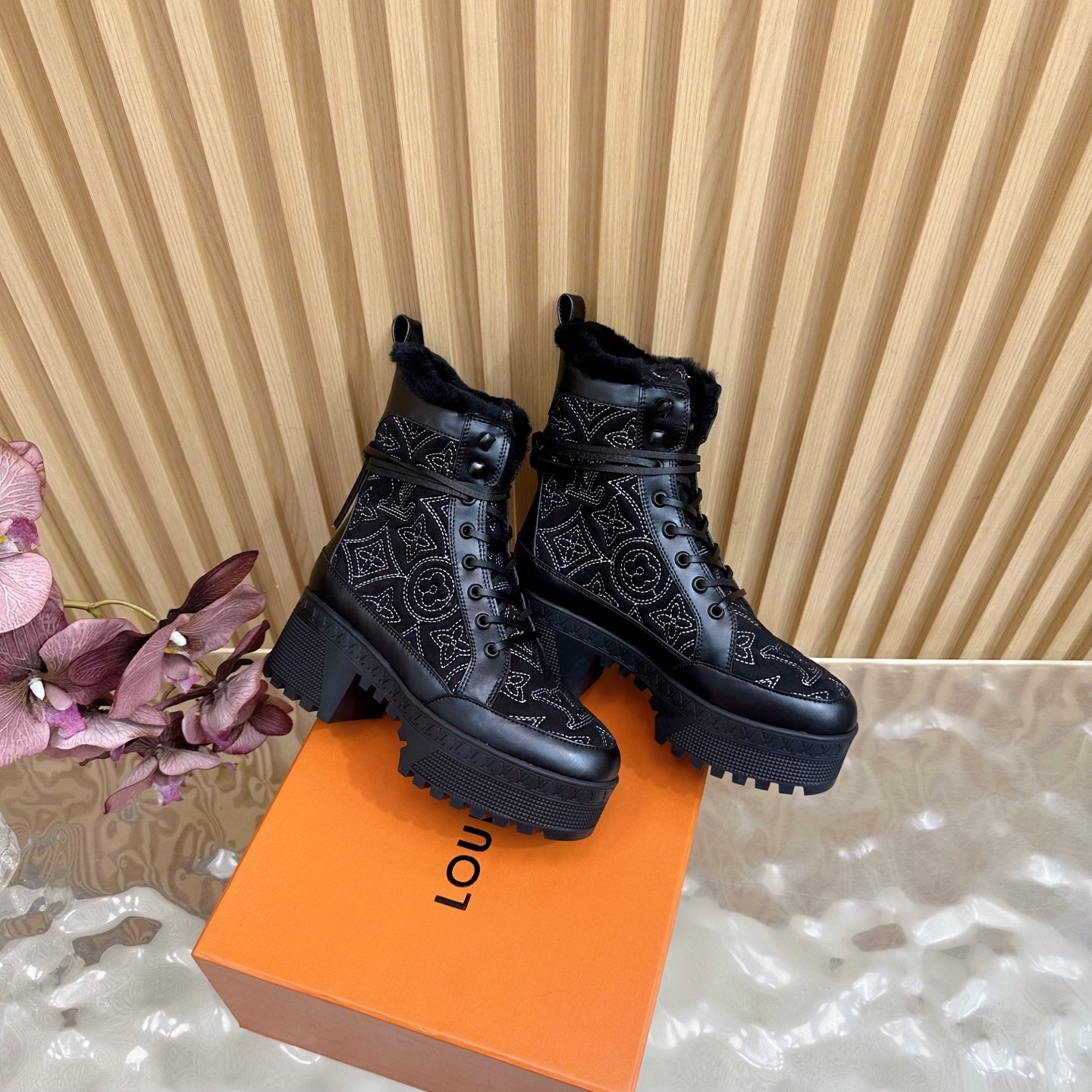 Women's Black Monogram Fur-Lined Platform Combat Boots