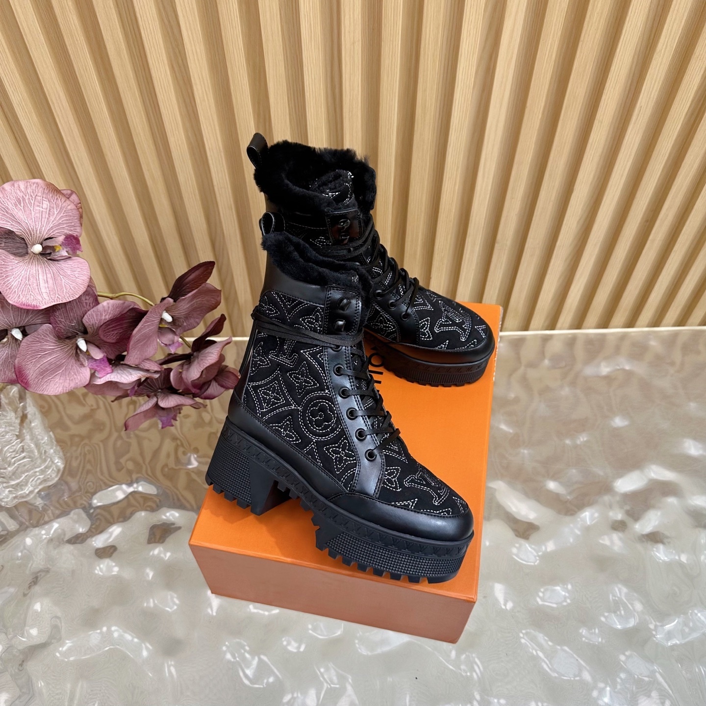 Women's Black Monogram Fur-Lined Platform Combat Boots
