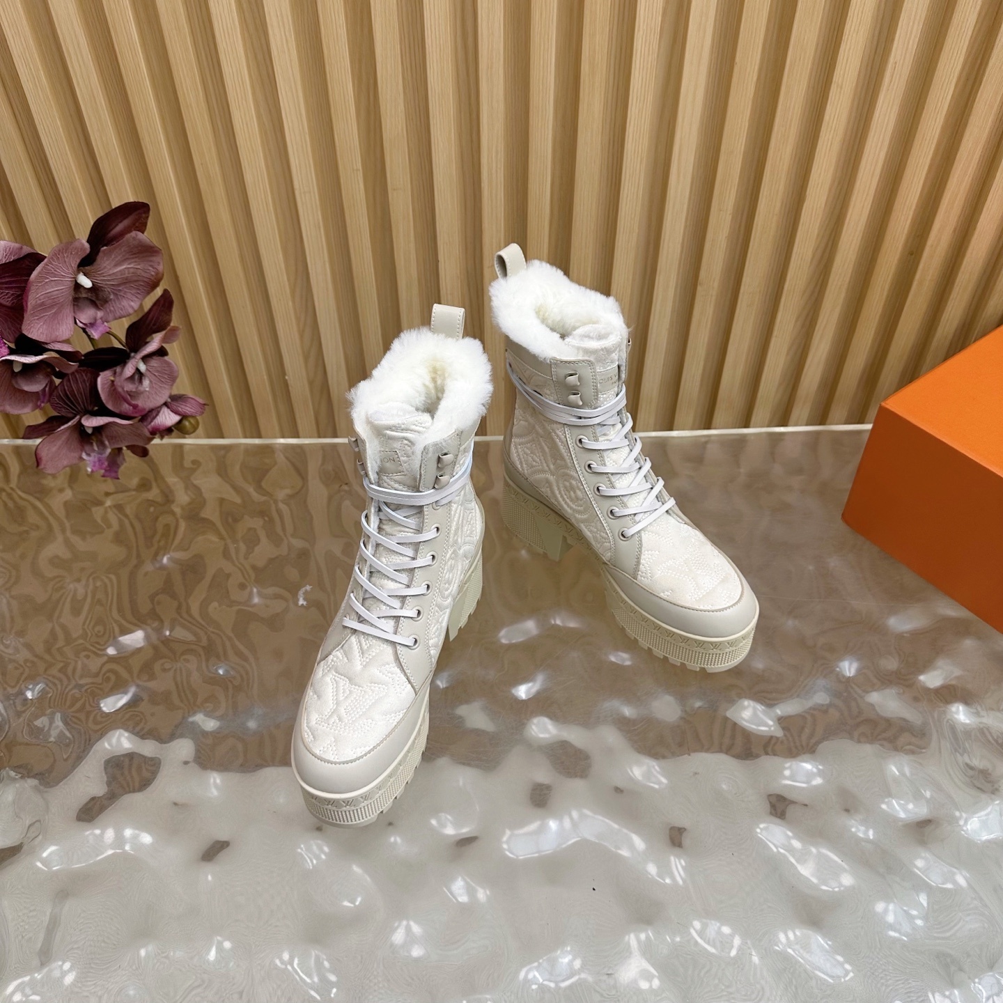 Luxury Monogram Platform Combat Boots with Faux Fur Lining