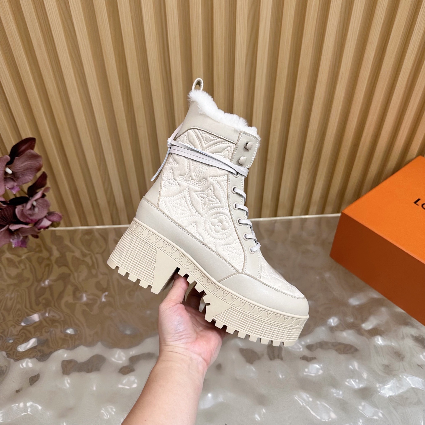 Luxury Monogram Platform Combat Boots with Faux Fur Lining