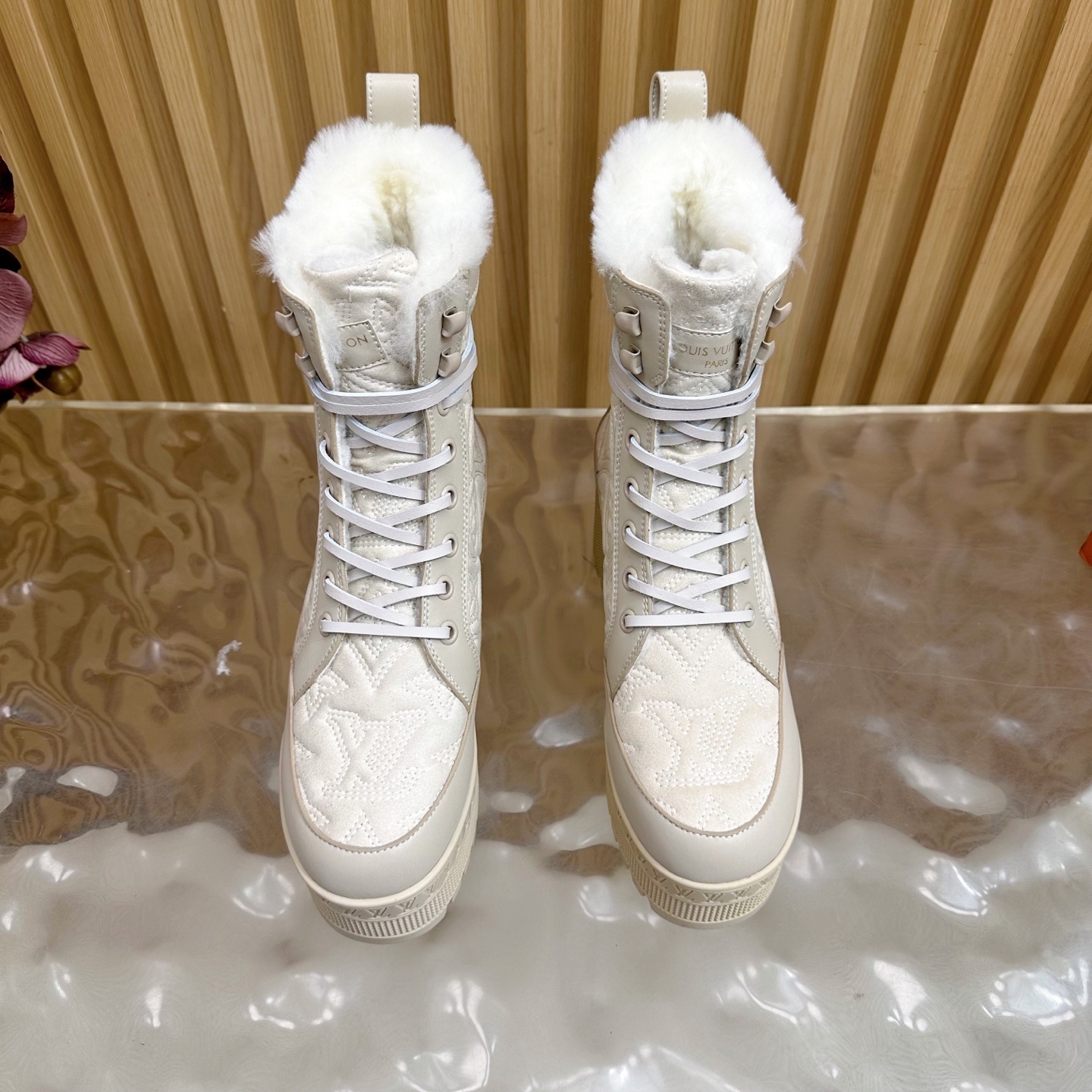 Luxury Monogram Platform Combat Boots with Faux Fur Lining