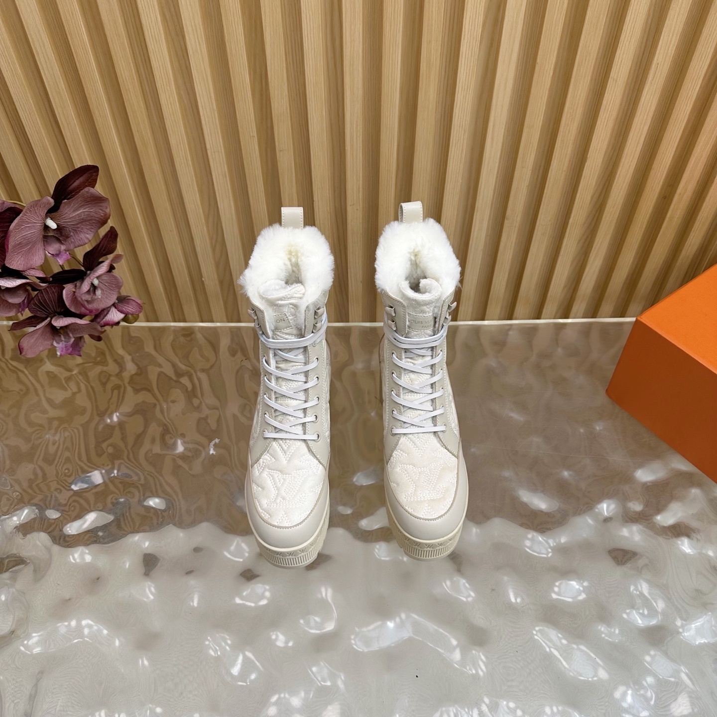 Luxury Monogram Platform Combat Boots with Faux Fur Lining