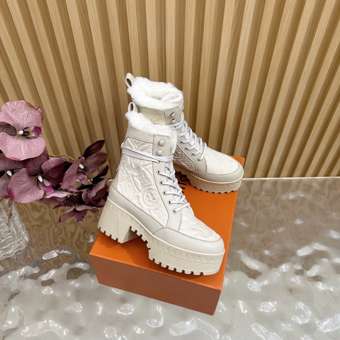 Luxury Monogram Platform Combat Boots with Faux Fur Lining