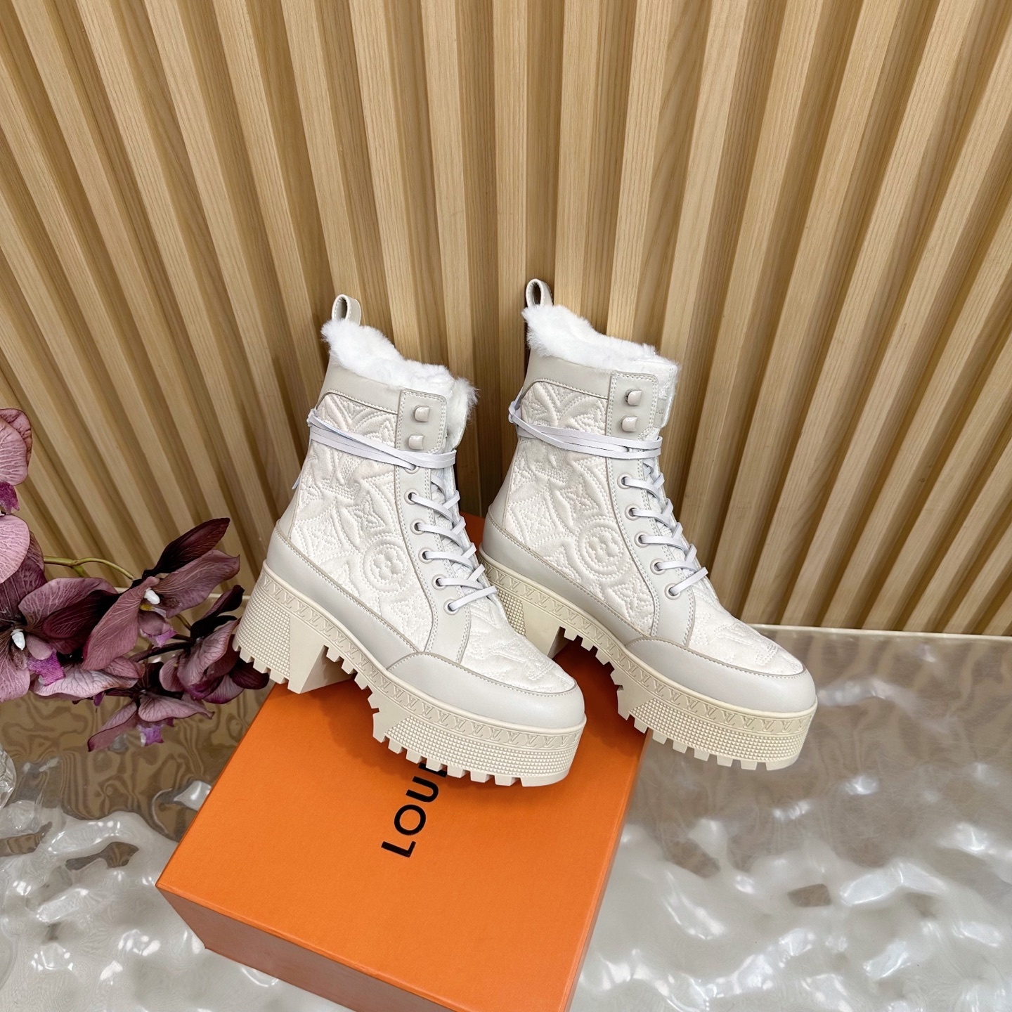 Luxury Monogram Platform Combat Boots with Faux Fur Lining