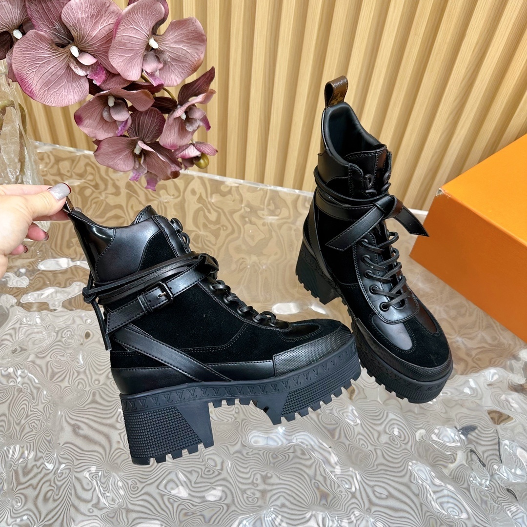 Women's Luxury Black Platform Combat Ankle Boots