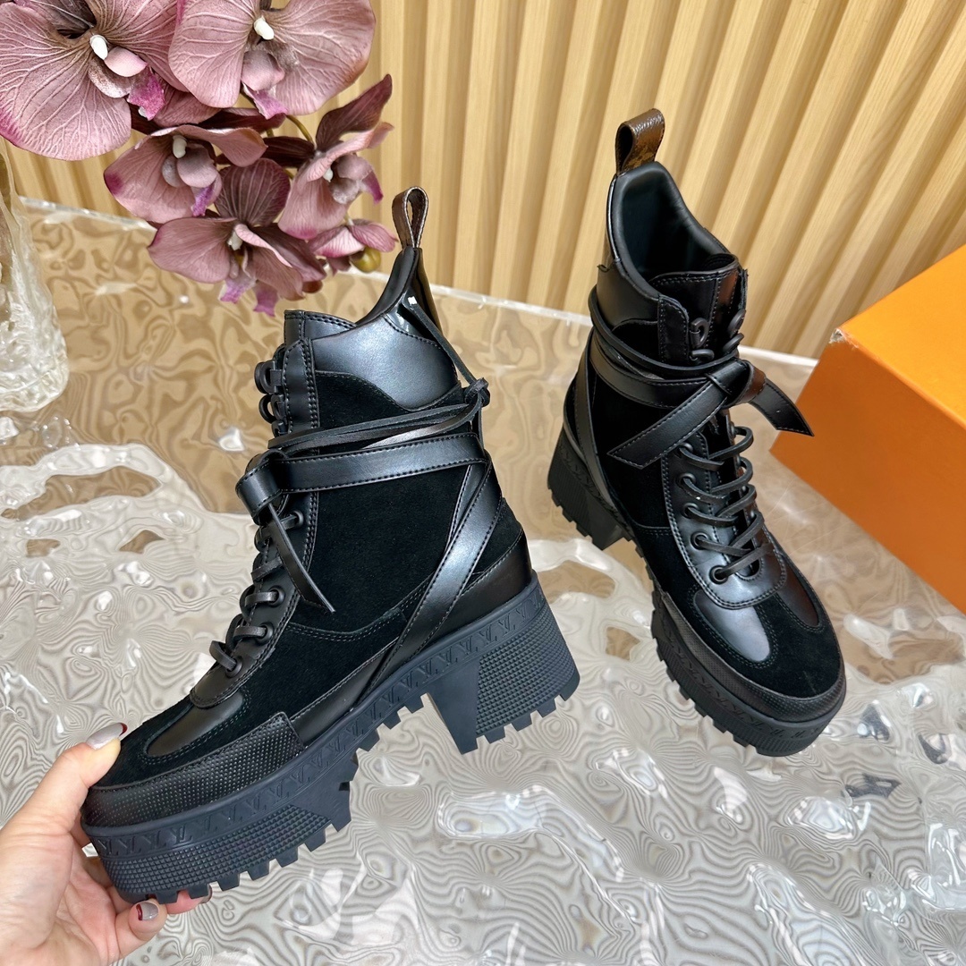 Women's Luxury Black Platform Combat Ankle Boots