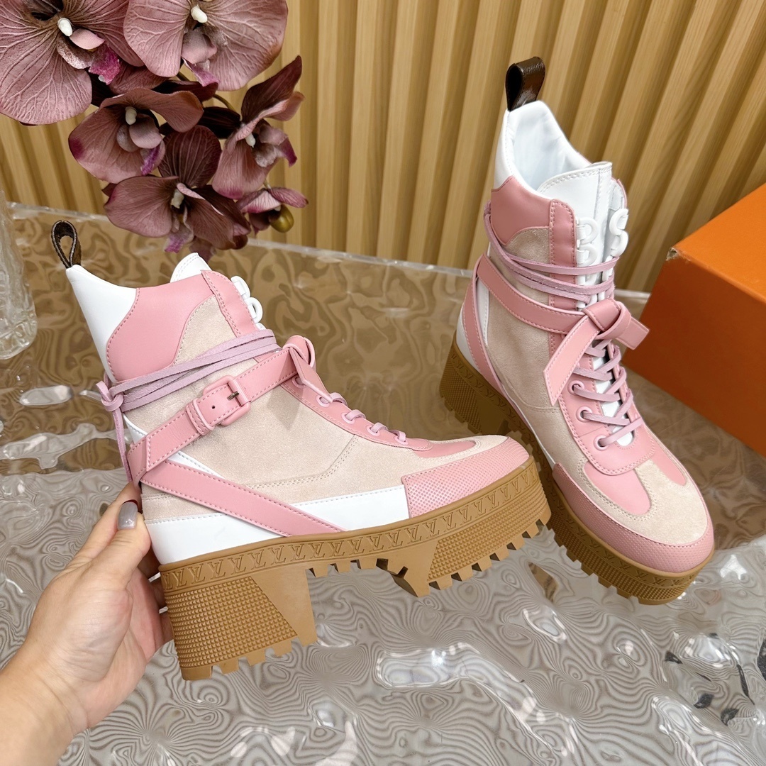 Women's Luxury Pink & White Platform Combat Boots - Stylish Booties