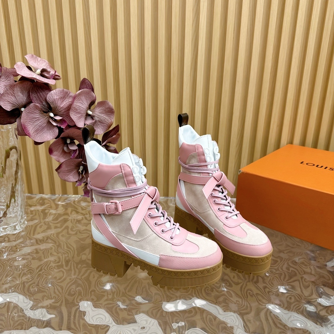 Women's Luxury Pink & White Platform Combat Boots - Stylish Booties
