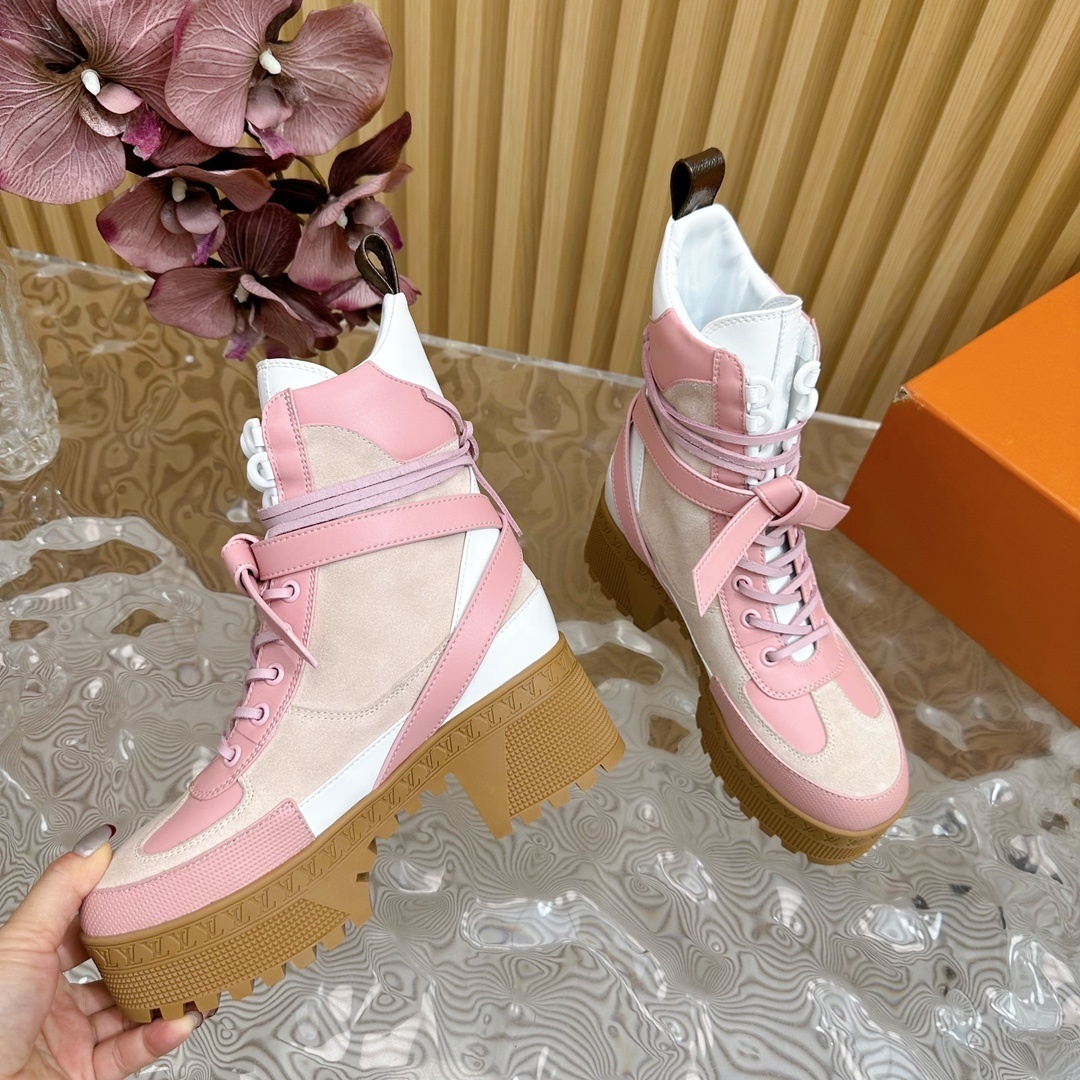 Women's Luxury Pink & White Platform Combat Boots - Stylish Booties