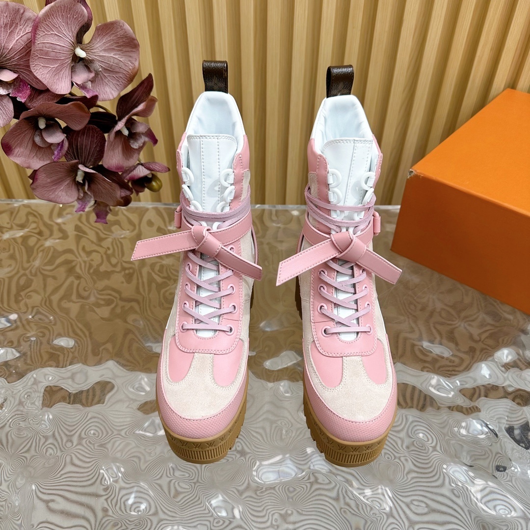 Women's Luxury Pink & White Platform Combat Boots - Stylish Booties