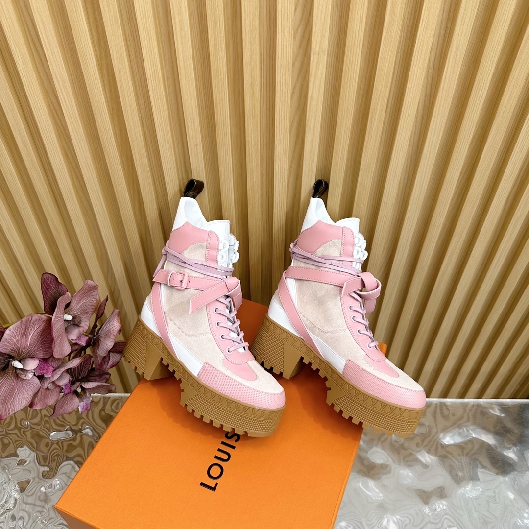 Women's Luxury Pink & White Platform Combat Boots - Stylish Booties