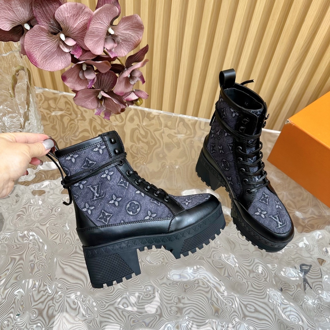 Luxury Monogram Denim Platform Combat Boots for Women