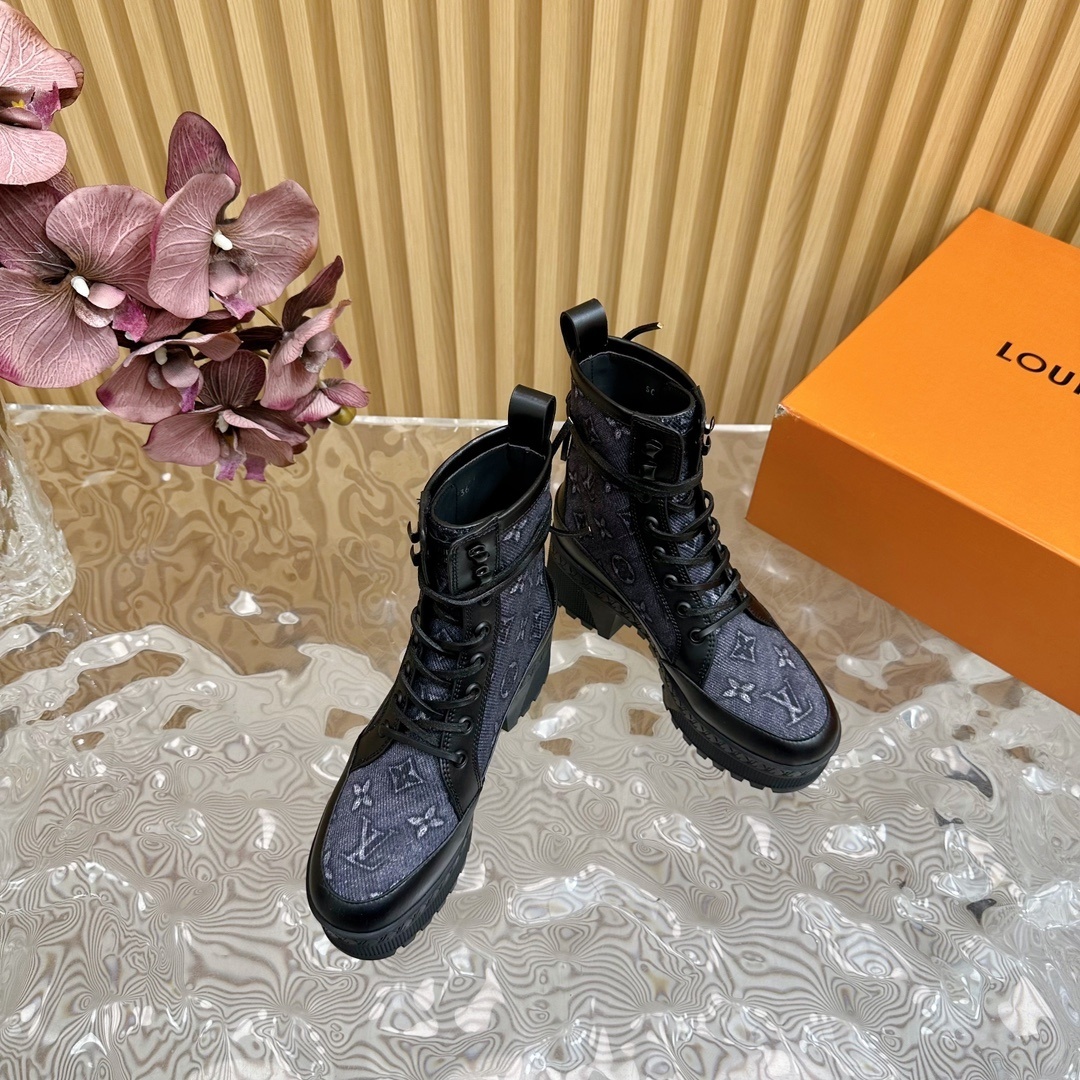 Luxury Monogram Denim Platform Combat Boots for Women
