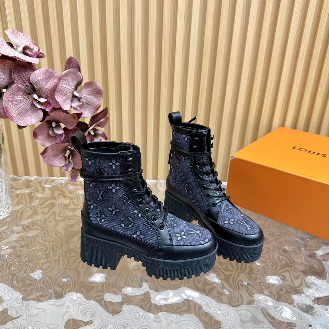 Luxury Monogram Denim Platform Combat Boots for Women