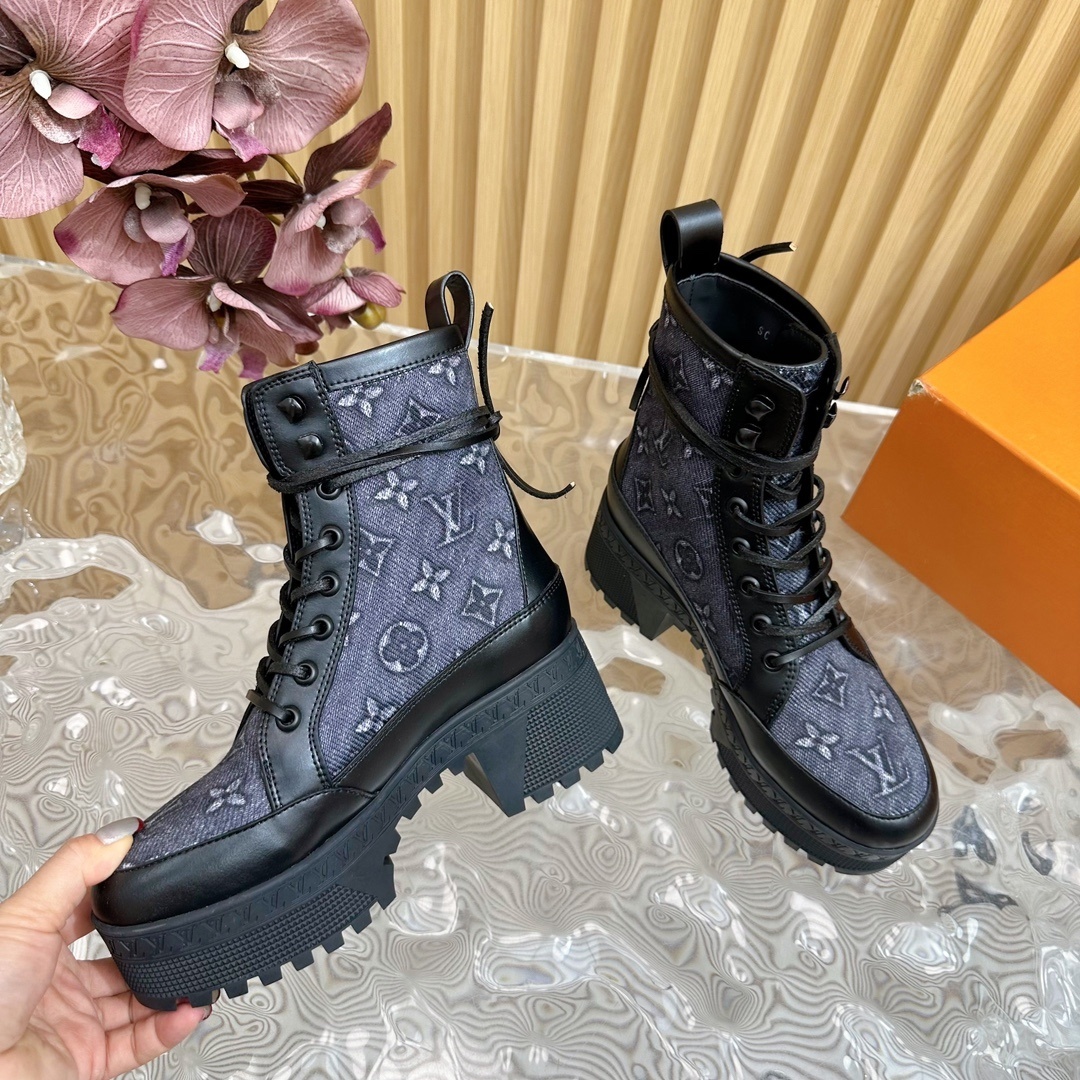 Luxury Monogram Denim Platform Combat Boots for Women