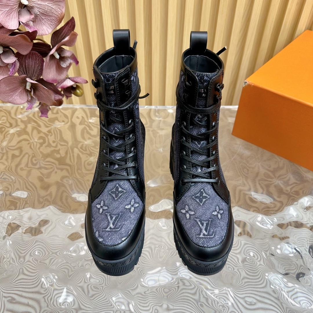 Luxury Monogram Denim Platform Combat Boots for Women