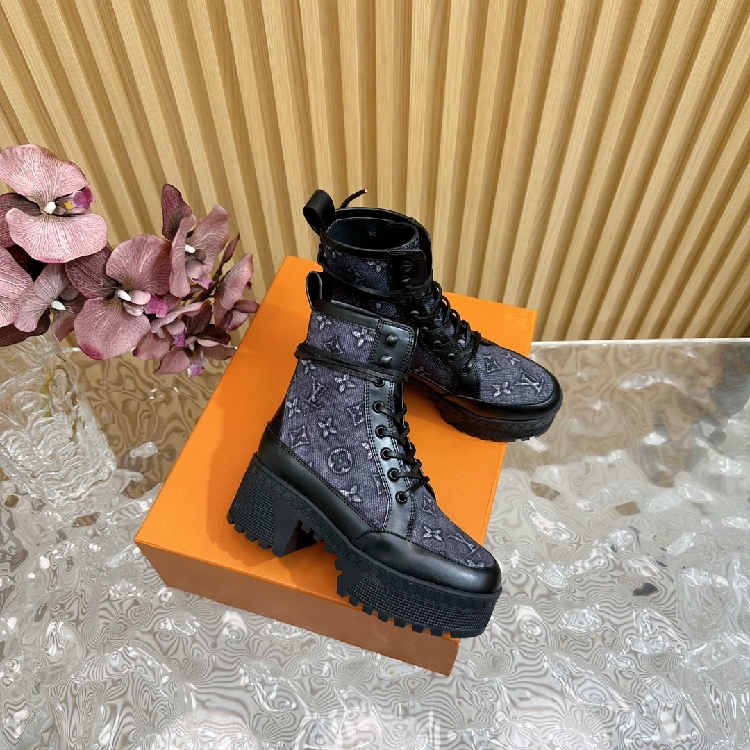 Luxury Monogram Denim Platform Combat Boots for Women