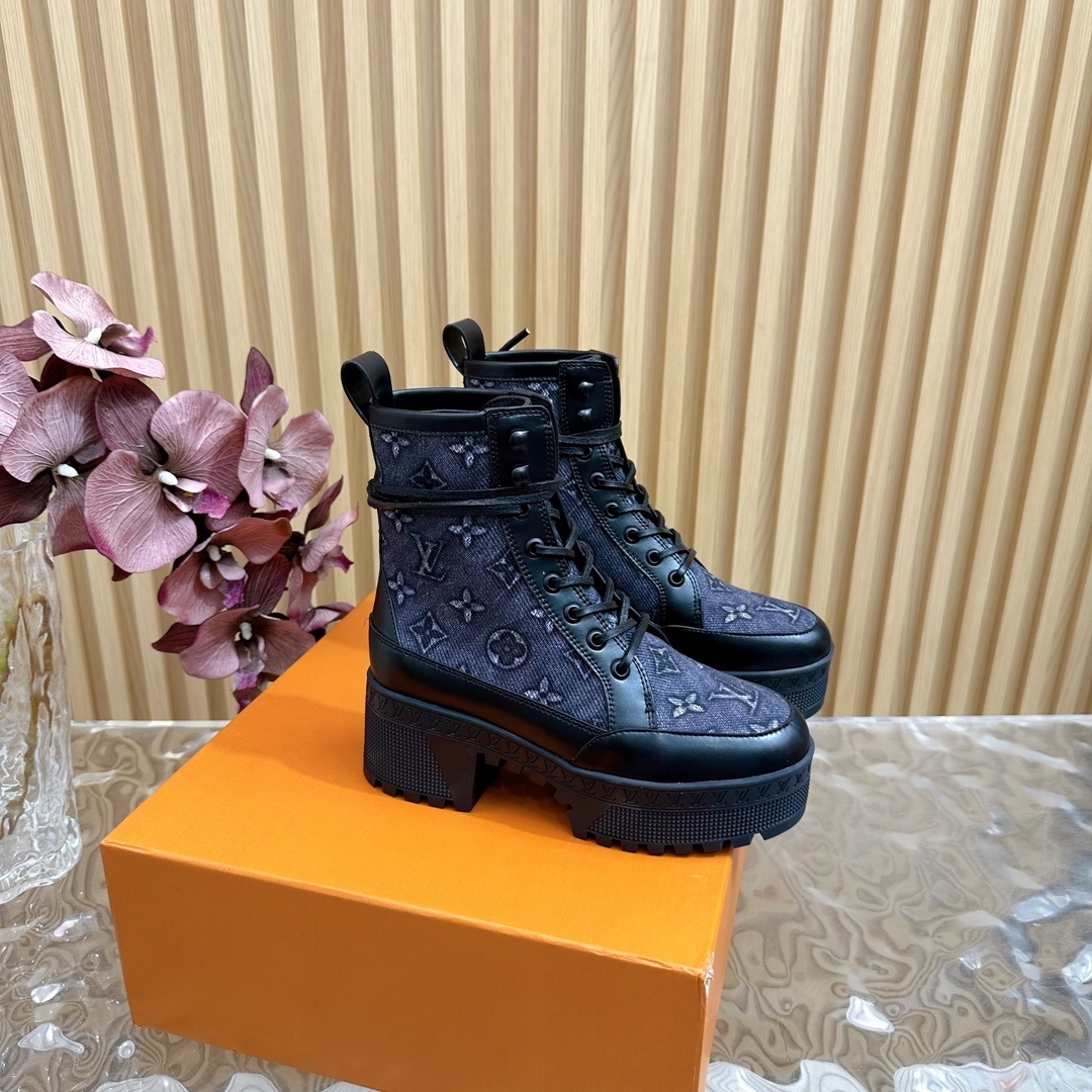 Luxury Monogram Denim Platform Combat Boots for Women