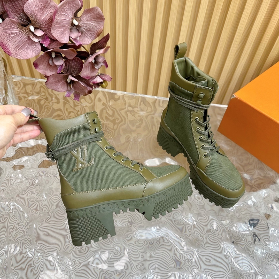 Louis Vuitton Olive Green Platform Combat Ankle Boots for Women