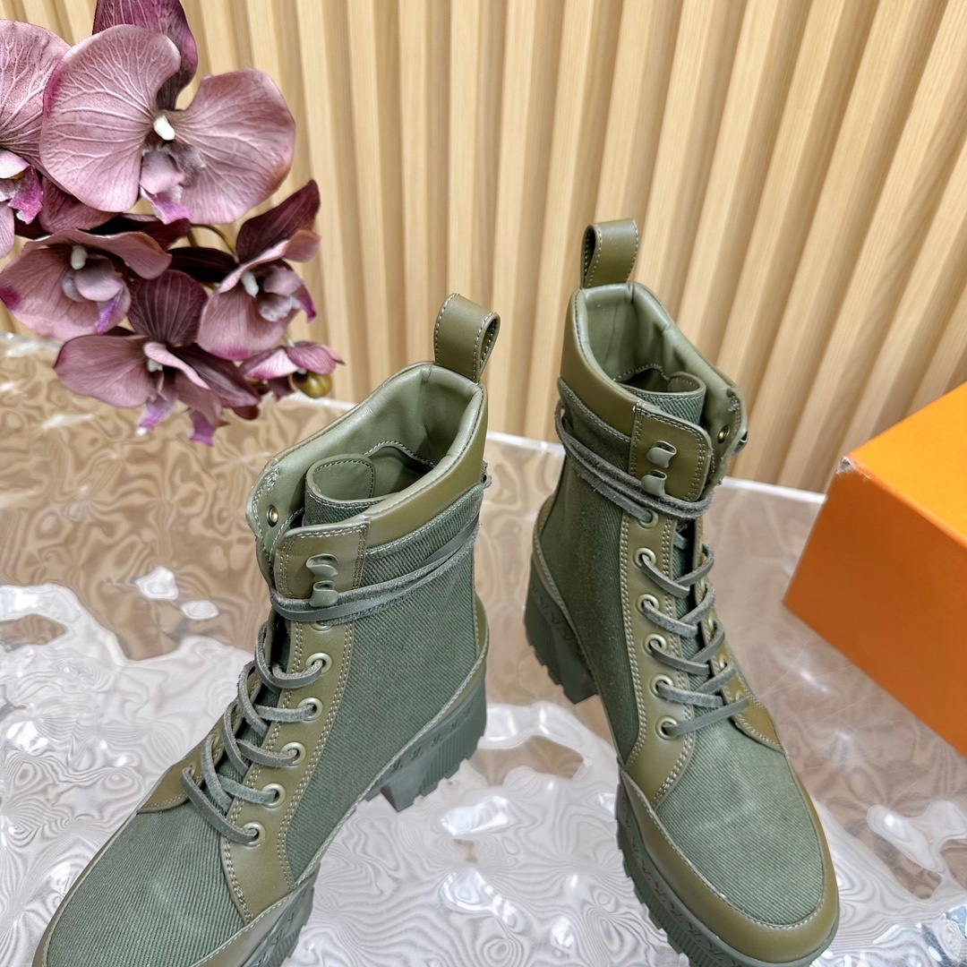 Louis Vuitton Olive Green Platform Combat Ankle Boots for Women